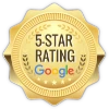 A gold star with a 5 star rating and google words.