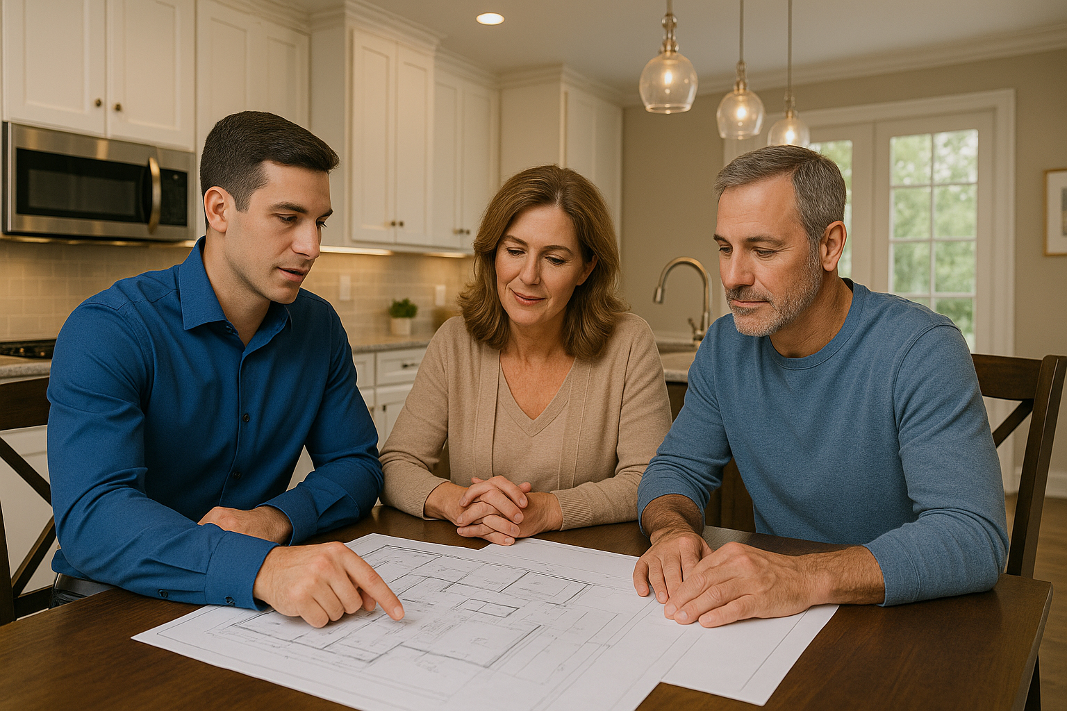 Nuvista team reviewing plans and quote with cutomers in Bergen, Passaic and Rockalnd County area