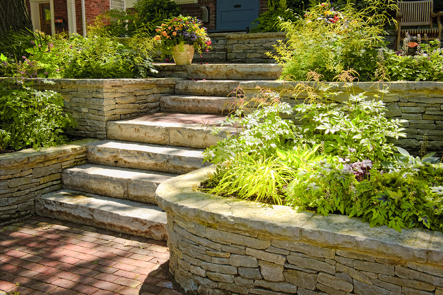 Natural stone and brick hardscaping in home garden with stairs - Bergen, Passaic, Rockland County Areas