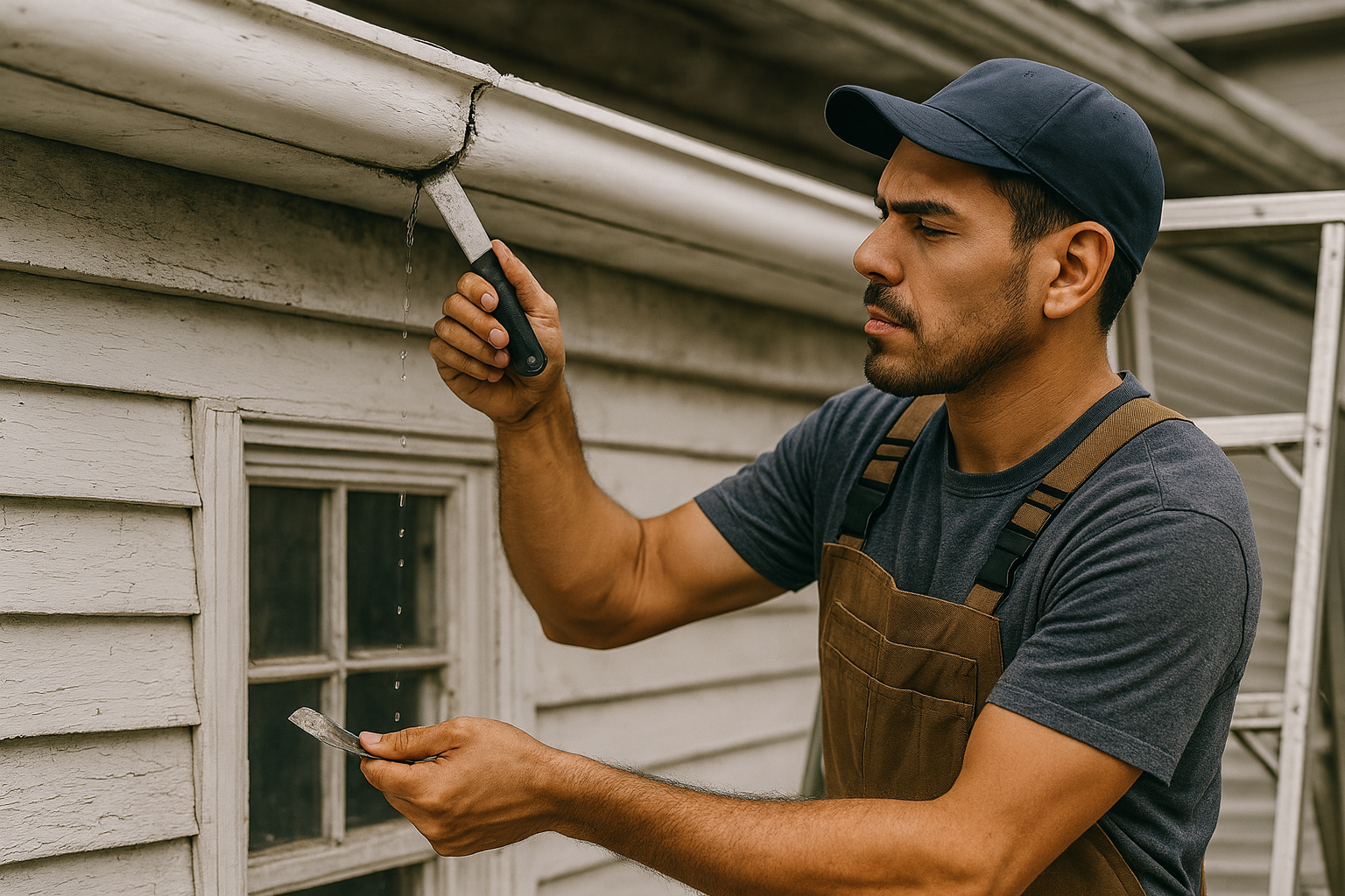 Nuvista tesm checking old guttere to determind if theny should be repaired or replace in the Passaic, Berge, Rockland county region