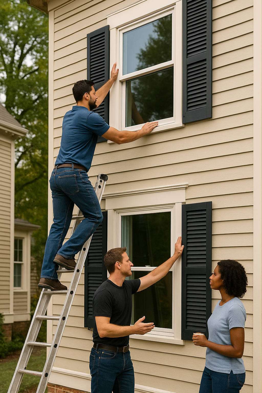Nuvista team installing double-pane, energy-saving windows in Berge, Passaic, Rockland County area as custeomer watches