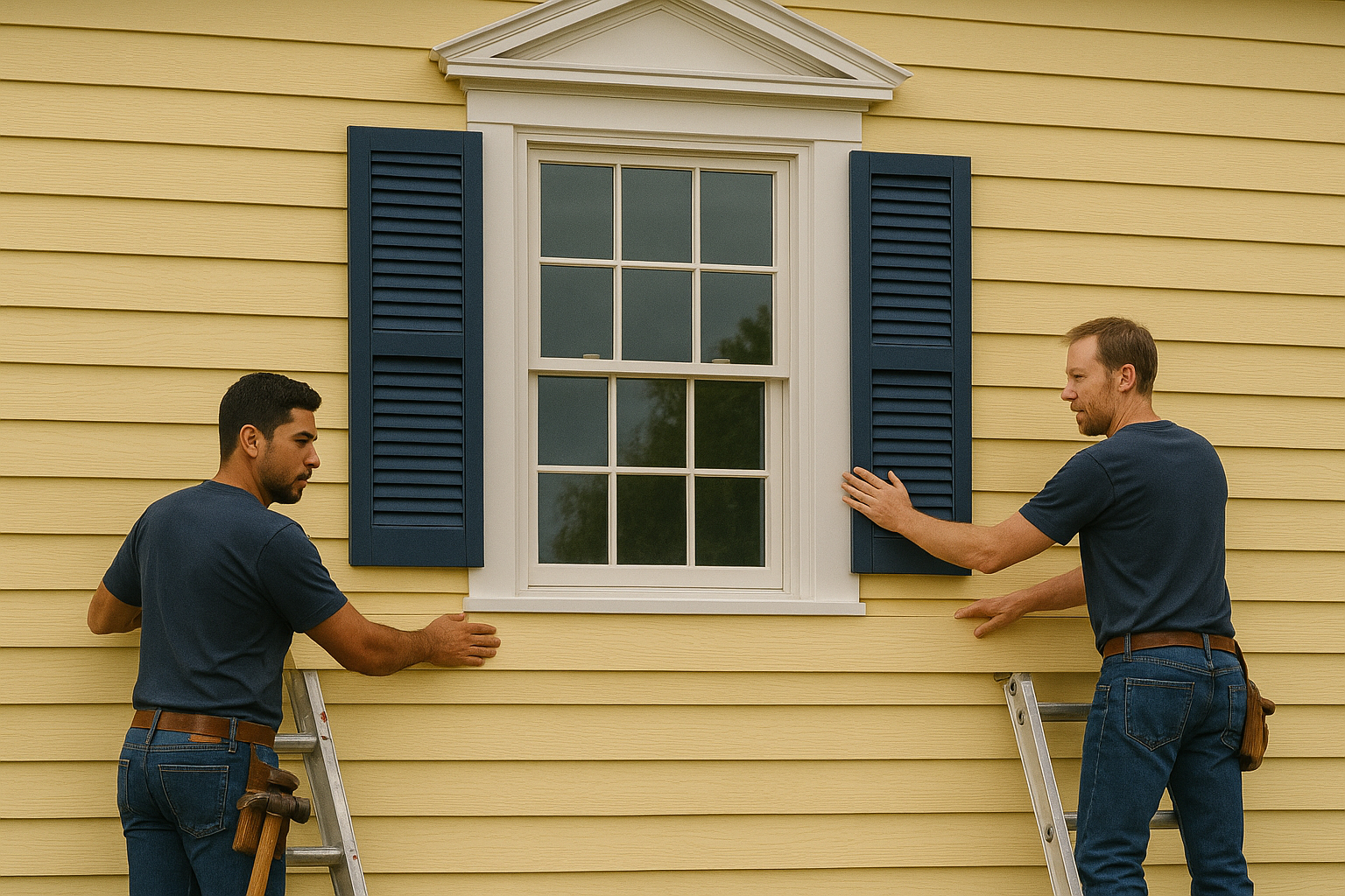 Nuvista team installing yellow siding with deep blue shutters inteh Rockland, Bergen, Passaic County area