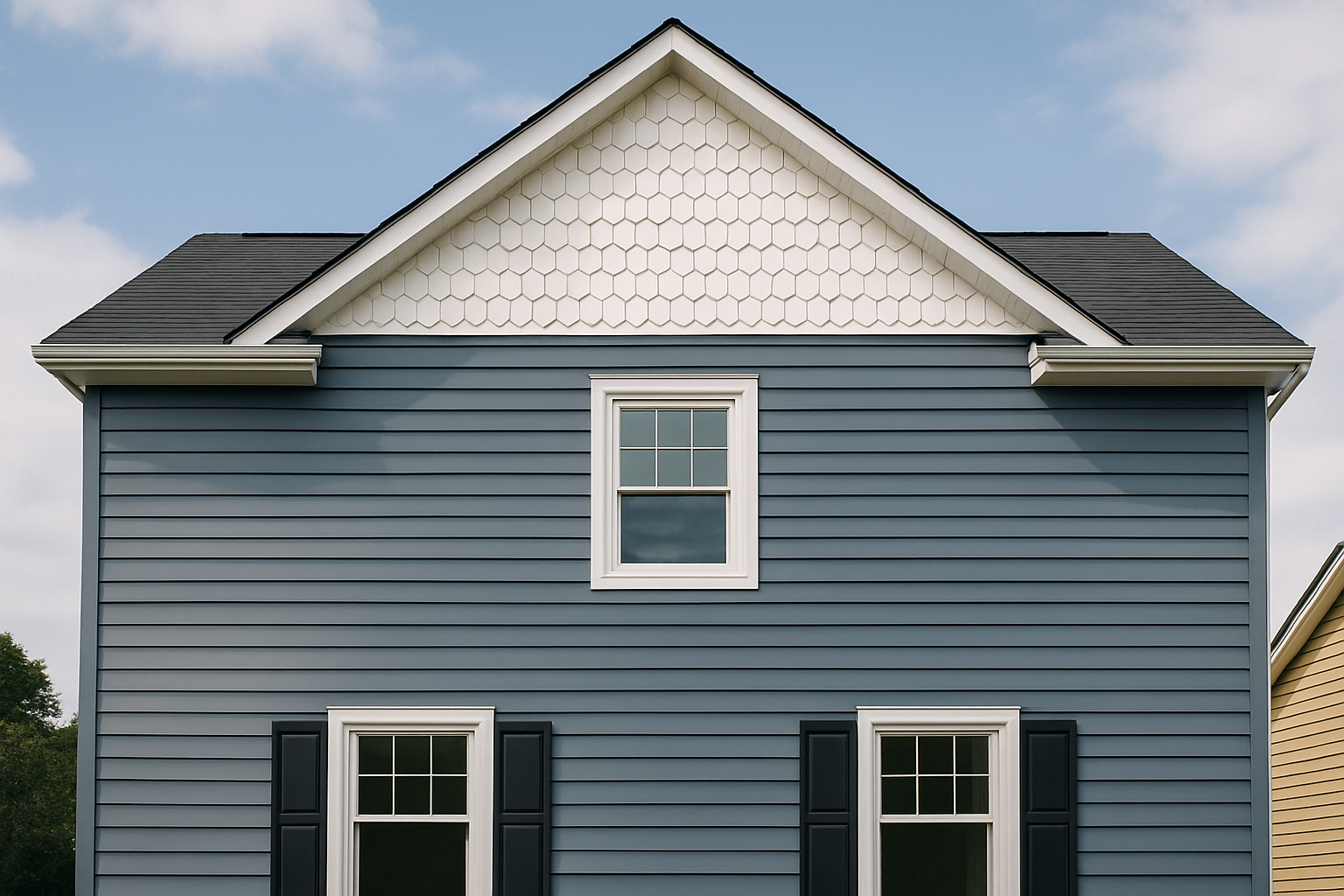 Nuvista team'd siding white vinly shingles in gable with blue gray siding in Rockalnd, Bergen, Passaic County area