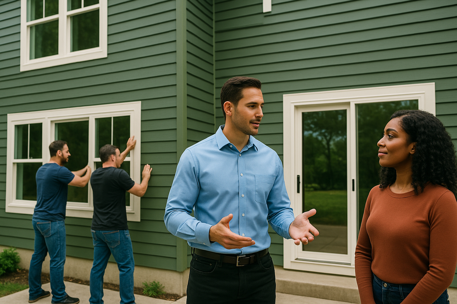 Nuvista team member consulting with a couple to upgrade their home with new widows, doors and siding in the Bergen, Passaic, Rockland County area