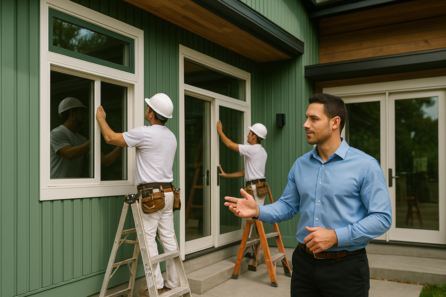 Nuvista team speakig with custoemr about her new sliding door, replacement windows and siding in teh Bergen, Passaic, Rockland County area