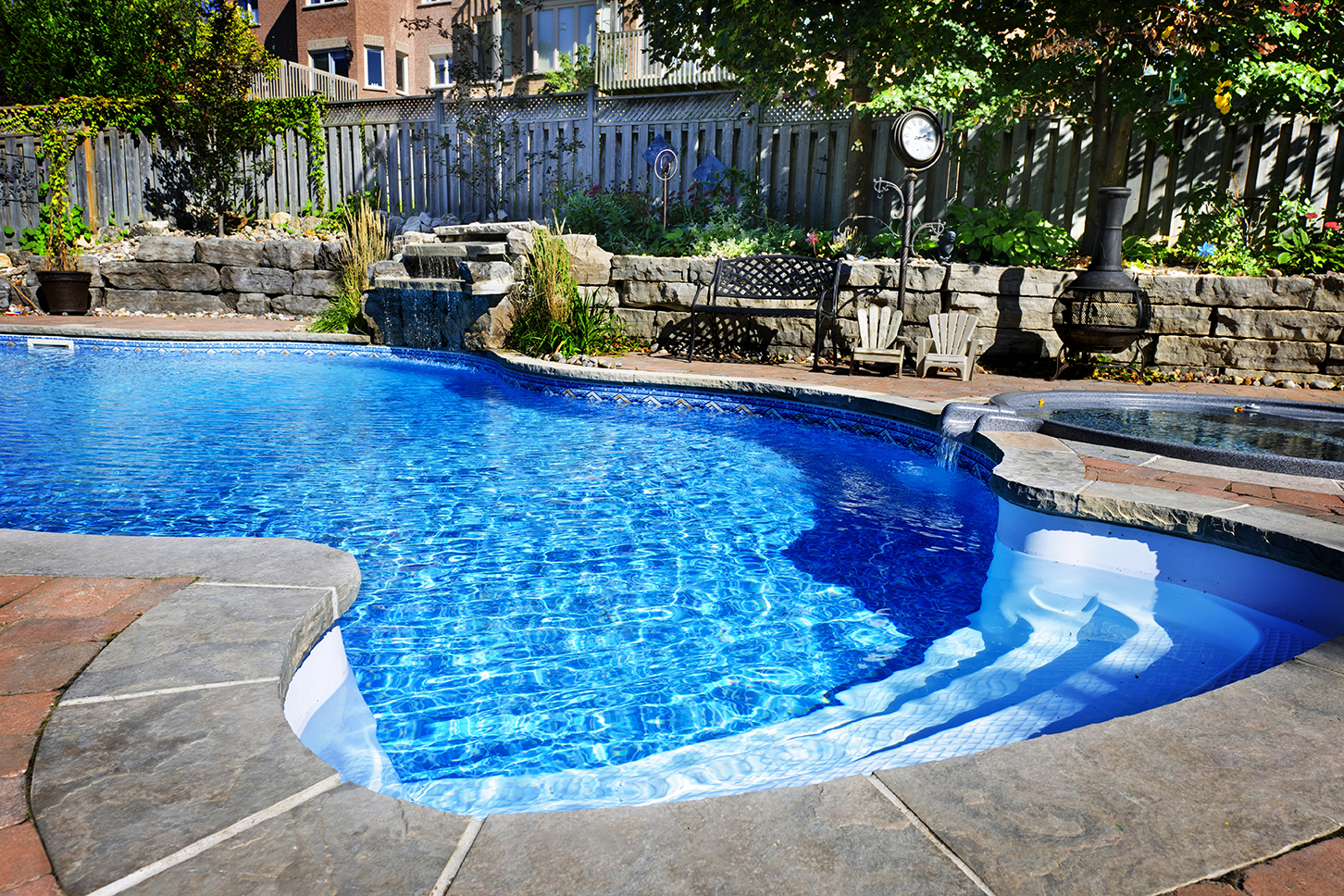swimming pool in backyard with waterfall ,hot tub with paver patio inRockland, Berge, Passaic county area