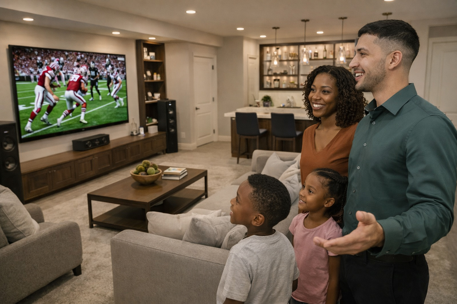 Roberto Balonos and customer admiring Basement remodeling job in the Rockland, Bergen, Passaic county area