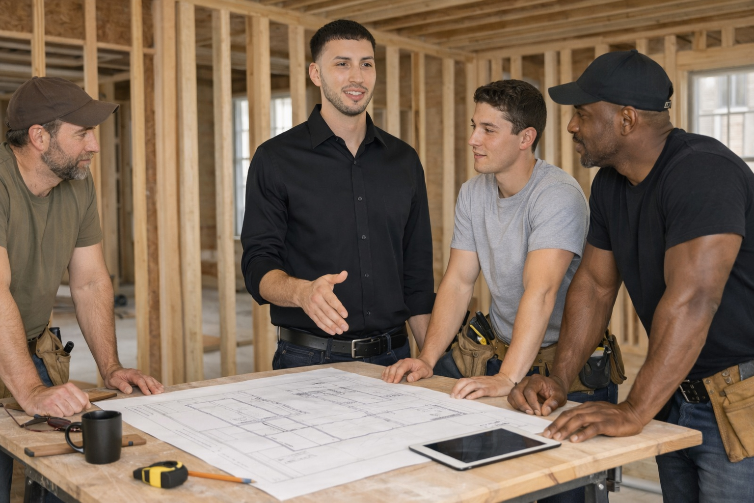 picture of General Construction team reviewing blueprints indoors in Rockland, Bergen, Passaic County area
