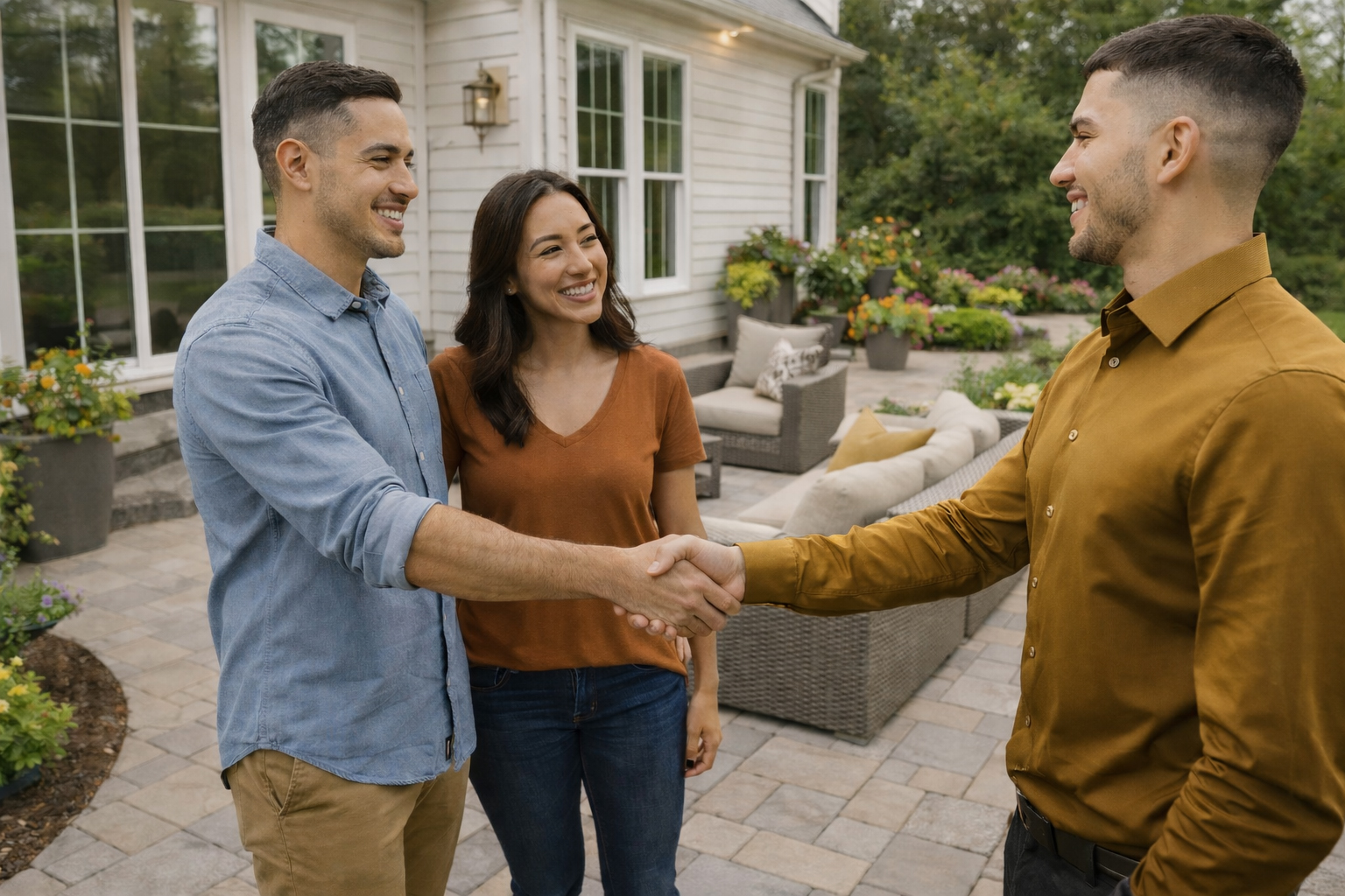 Happy customers admiring their paver patio and walkway, in Rockland, Bergen, Passaic County area