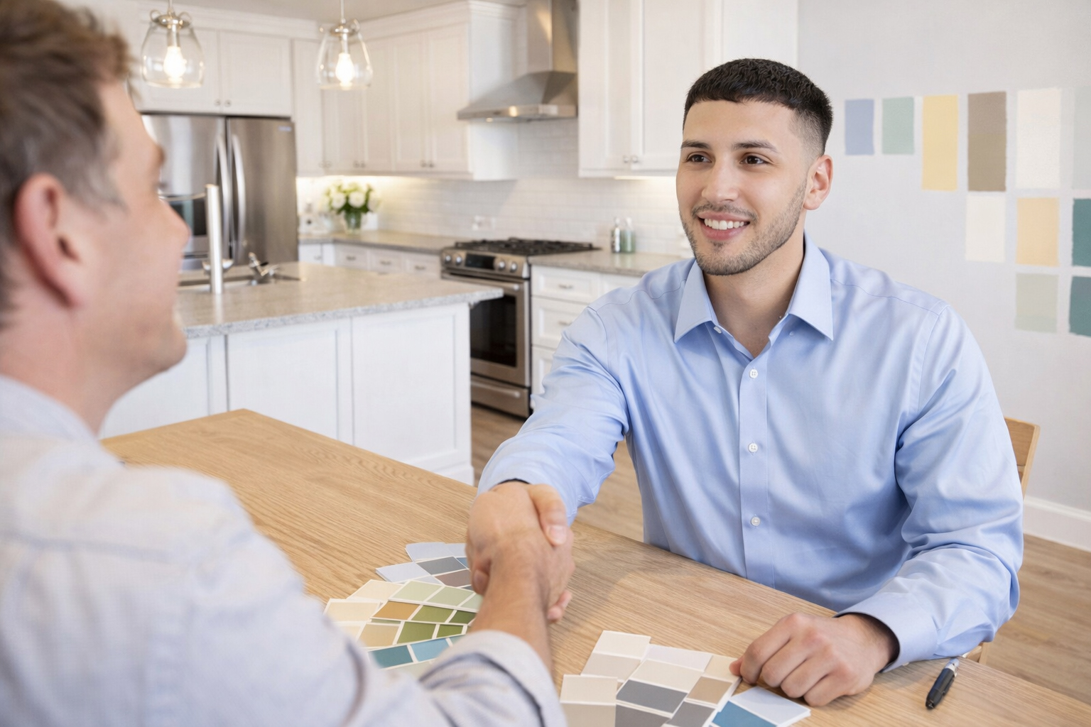 painting contractor agreeing on what colors to use to paint kitchen in Rockland, Bergen, Passaic region Nuvista Desing GC